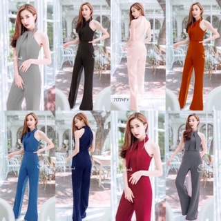 PE7177  jumpsuit จั้มสูทคอปีน ทรงคว้านไหล่ เนื้อผ้าซาร่า งานเก๋ สวยแพงอะไรเบอร์นี้ ทรงขากางเกงเป็นขากระบอกบานปลายขานิดๆ