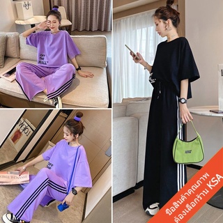 สินค้า KSAชุดเซ็ท2ชิ้น ผู้หญิง แฟชั่นเกาหลี oversize เสื้อครอปแขนสั้น+กางเกงขายาวทรงกระบอก ชุดลำลอง