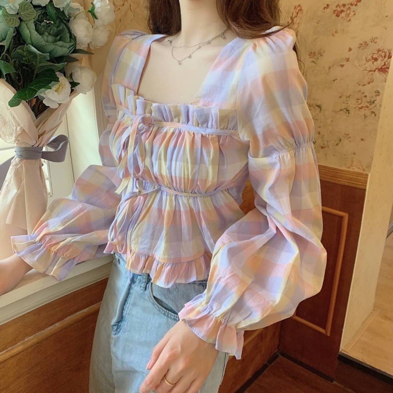 เสื้อแขนยาวลายสก๊อตสีพาสเทล