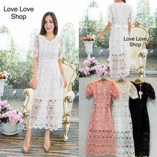 เดรสลูกไม้3สี!!! M-L Maxi Dress เดรสลูกไม้ขาวผ้าปักทั้งชุดผูกเอว งานป้าย Love Love