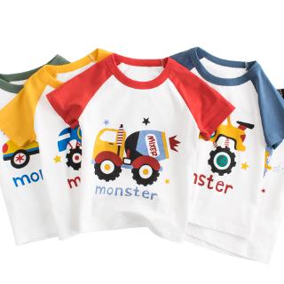 เสื้อยืดแขนสั้น ผ้าฝ้ายแท้ ทรงหลวม ลายการ์ตูนรถยนต์น่ารัก สีขาว สีแดง สีเหลือง สีดํา สําหรับเด็กผู้ชาย และเด็กผู้หญิง