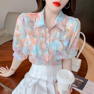 พร้อมส่ง🔥 เสื้อเชิ้ตผ้าชีฟองพิมพ์ลายเกาหลีหลวมมุกโซ่ Ruffled เสื้อทำงาน