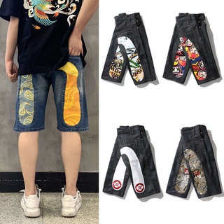 สินค้า Evisu กางเกงยีนส์ขาสั้นปักลายดอกซากุระสําหรับผู้ชาย