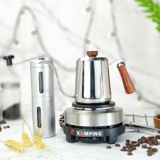 สีเงิน กาดริปกาแฟ กาคอห่าน 350 ML ด้ามจับไม้ + เตามินิ 500w+เครื่อบดเมล็ดกาแฟ พกพา