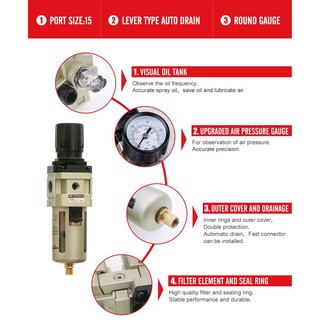 AW3000 ชุดกรองลม, ตัวดักน้ำ, ปรับแรงดันลม Filter Regulator ขนาด 1/4" (ของแท้100%)