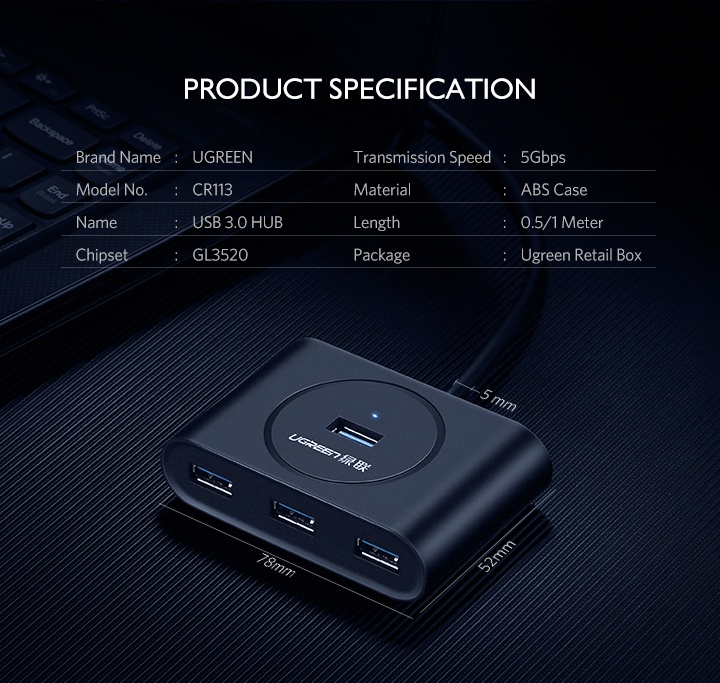 รายละเอียดเพิ่มเติมเกี่ยวกับ Ugreen อะแดปเตอร์ฮับ Usb 3.0 4 พอร์ต 1 เมตร สําหรับ Macbook Imac Surface Pro Xps Flash Drive Usb Hdd Mobile