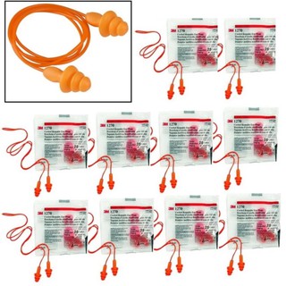 (10คู่) ปลั๊กอุดหูลดเสียงแบบมีสายวัสดุยางสังเคราะห์รูปต้นสน3ชั้น Reusable Ear Plug 3M 1270