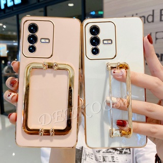 2022 New เคสโทรศัพท์ VIVO V23 5G V23E Luxury Metal Support Casing Straight Edge Electroplated Soft Shell All-Pack Ice Shock Resistant Protection Cover เคส VivoV23 Phone Case