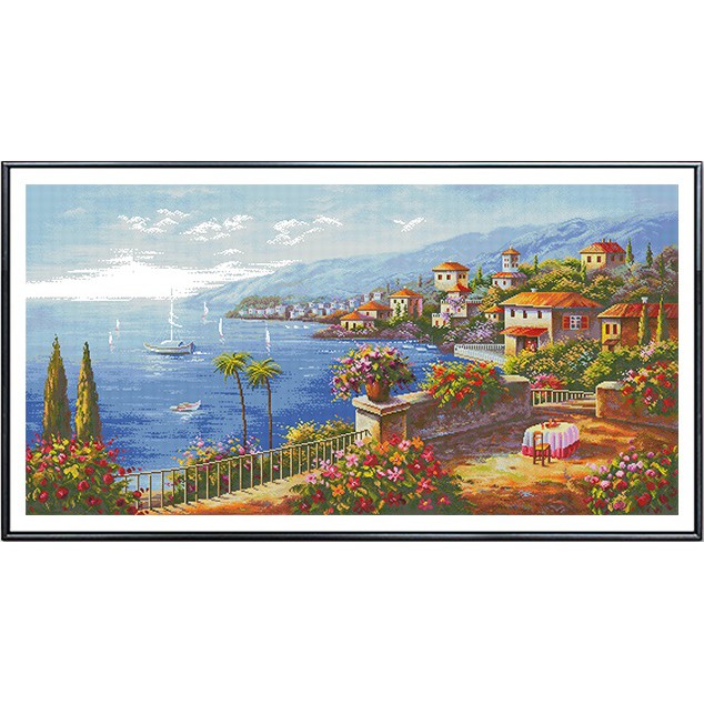 ชุดปักครอสติช-ริมทะเล-วิว-ทะเล-เมือง-seaside-cross-stitch-kit