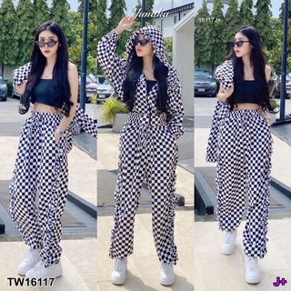 TW16117 เซตคู่2ชิ้น เสื้อคลุมแจ็คเกต เย็บแต่งระบายแขนระบายฮูท + กางเกงเอวยางยืดสม้อคเย็บแต่งระบายข้างจ้า มีกระเป๋าข้าง