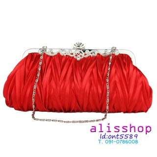 พร้อมส่ง Evening Clutch กระเป๋าออกงาน สีแดง ผ้าซาตินอัดพลีต ลายฟันปลา พร้อมสายโซ่ สั้นและยาว