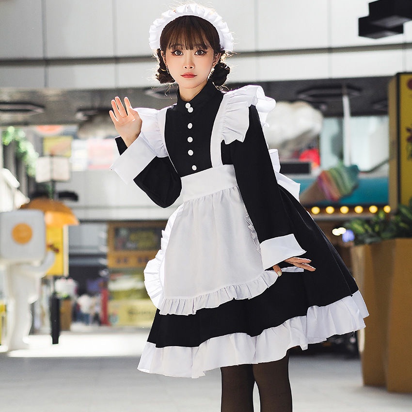 ชุดเมด-ชุดเมดคอสเพลย์-ญี่ปุ่นโกธิคสีดำและสีขาวแม่บ้านชุดโลลิต้าแขนยาวผู้หญิงแพ็คฮาโลวีนคอสเพลย์โลลิต้า