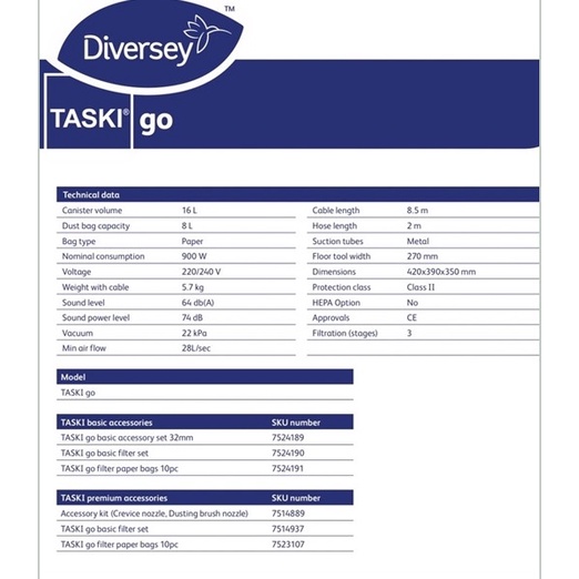 เครื่องดูดฝุ่น TASKI GO EURO KIT21 บรรจุ 8ลิตร ผลิตจาก ประเทศ อิตาลี ...
