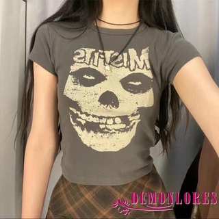 Demonlores- เสื้อท็อปแขนสั้น คอกลม พิมพ์ลายหัวกะโหลก สไตล์วินเทจ แฟชั่นฤดูร้อน สําหรับผู้หญิง