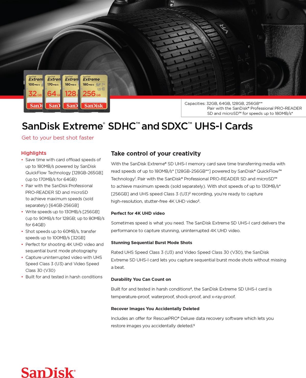 ข้อมูลเพิ่มเติมของ SanDisk Extreme SD Card SDXC 64GB Speed 170MB/s เขียน 80MB/s (SDSDXV2-064G-GNCIN-1) เมมโมรี่ การ์ด SDCARD แซนดิส ประกัน Lifetime Synnex