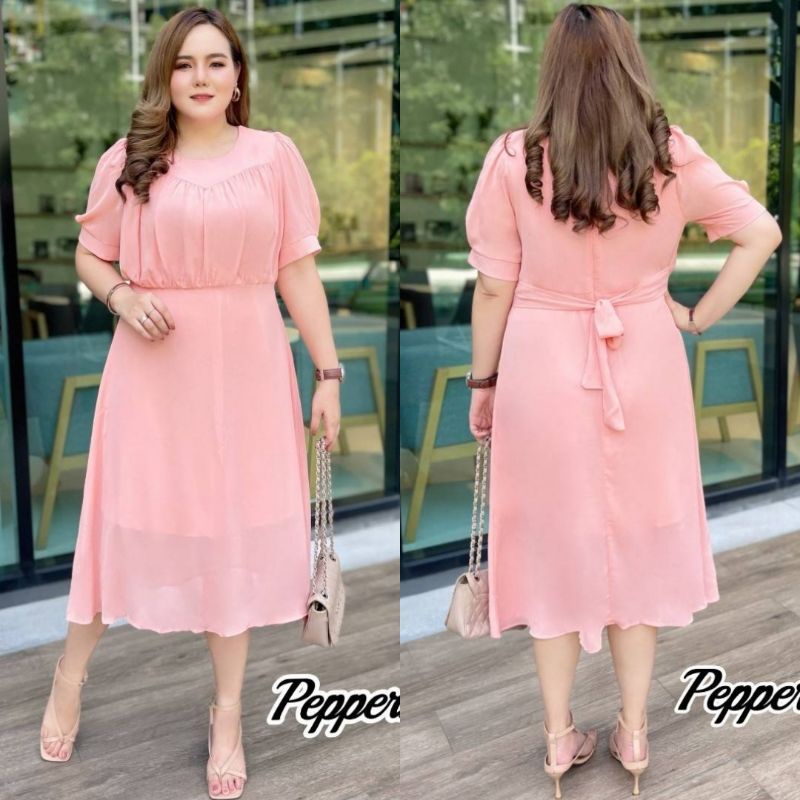 เดรสสาวอวบ-มี-3-สี-ไซส์-3xl-6xl-เดรสผ้าชีฟอง-ผ้าพริ้วไหวสวยๆ-สไตล์สาวเกาหลี-นางแบบใส่งานจริง