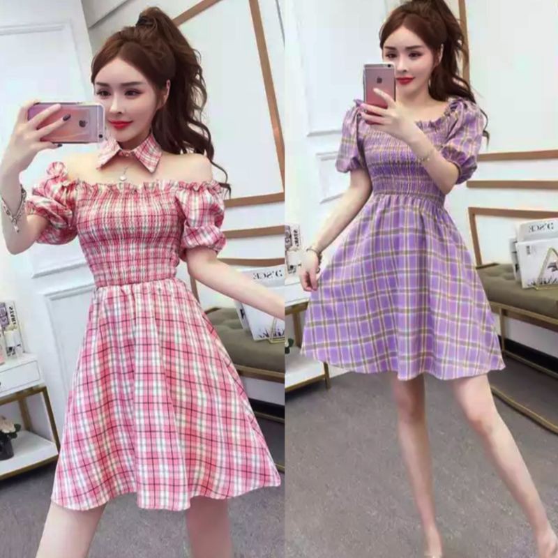 เดรสลายสก็อตปกเสื้อปลอมสีสดใส-สวยๆน่ารักๆเก๋ๆสไตล์เกาหลีพร้อมส่งราคาถูกแสนถูกใจ