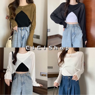 Cicishop(50052)เสื้อครอปไหมพรมแขนยาว ดีเทลชายไม่เฉียง เก๋สุดๆใส่คลุมหรือเดี่ยวก็เรืศเวอร์