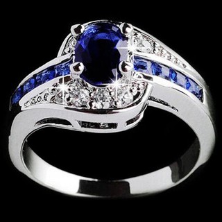 💘broadhappy💍แหวนหมั้น Rhinestone สีฟ้าสตรีสวยหรู Xmas แหวนเกลี้ยง