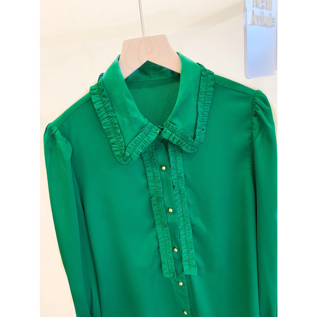 luxurydressshop-เสื้อใส่ทำงานสีเขียวเแขนยาวคอปก-ผ้านิ่มใส่สบาย