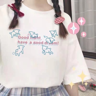 จัดส่งรวดเร็วเสื้อผ้าcotton แขนสั้นการ์ตูน Good Night Lamb Good Dream สาวหวานเสื้อoversizeใส่สบายทุกวัน