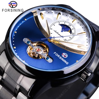 Forsining Automatic Watch Mens Blue Moon Phase Tourbillon Mechanical Watches Black Steel Band Relogio Masculino Waterpro