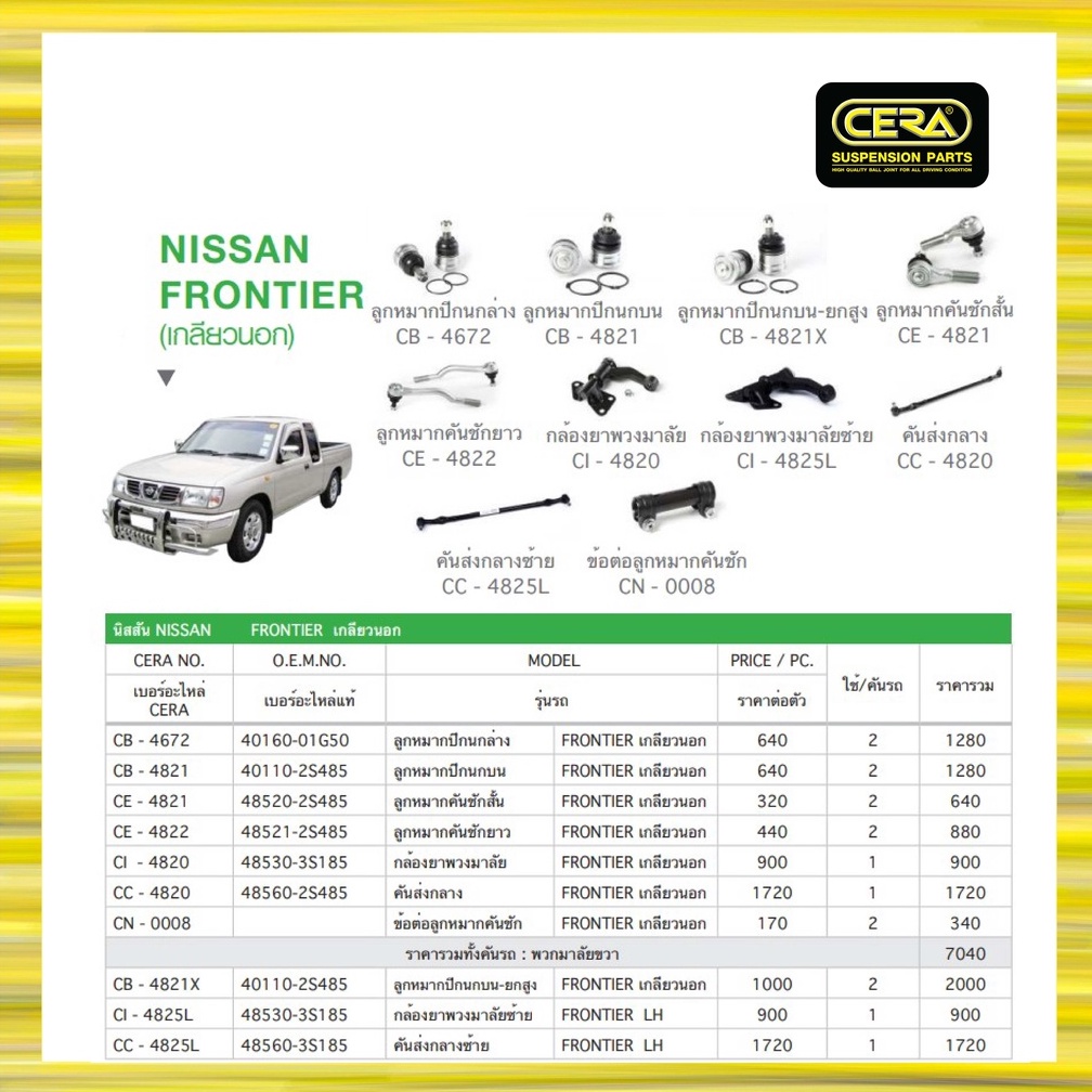 nissan-frontier-นิสสัน-ฟรอนเทียร์-เกลียวนอก-ลูกหมากรถยนต์-ซีร่า-cera-ลูกหมากปีกนก-ลูกหมากคันชัก-คันส่ง-ข้อต่อ