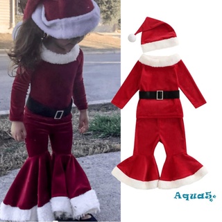 Aqq-ชุดเสื้อแขนยาว + กางเกงขายาว + หมวกซานต้า 3 ชิ้นสําหรับเด็กผู้หญิง