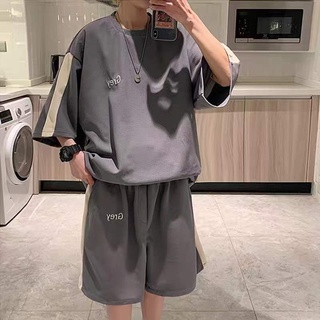 ชุดกีฬาใหม่ เสื้อยืดหลวม กางเกงขาสั้น เอวยางยืด เวอร์ชั่นเกาหลี ดำ เทา ขาว