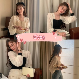 Elves✨พร้อมส่ง✨ เสื้อไหมพรมแขนยาว ทรงเรียบร้อยคุณลูกนิดๆ แขนผ้าซีทรู ~5783~ -C