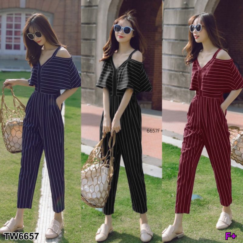 tw6657jumpsuit-จั้มสูทขายาวลายริ้ว-สายเดี่ยวทรงเว้าไหล่ขายาว-แต่งระบายปีกค้างคาว-เนื้อผ้าโฟร์เวย์ทั้งตัว-งานสวยมีซิปหลัง