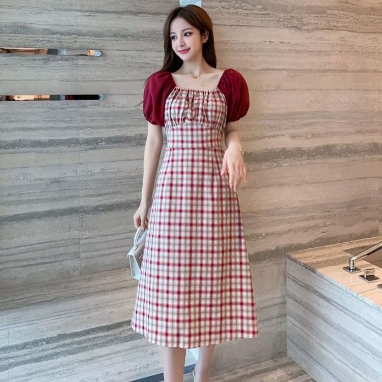 akaqi-เดรส-first-love-tea-break-ฝรั่งเศส-retro-little-red-plaid-square-คอชุดใหม่ฤดูร้อนใหม่-2021