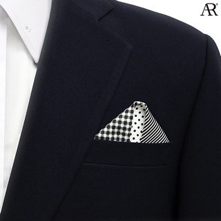 ANGELINO RUFOLO Pocket Square(ผ้าเช็ดหน้าสูท) ผ้าไหมพิมพ์ลายอิตาลี่คุณภาพเยี่ยม ดีไซน์ 4IN1 MIX สีเทาดำ/น้ำเงิน