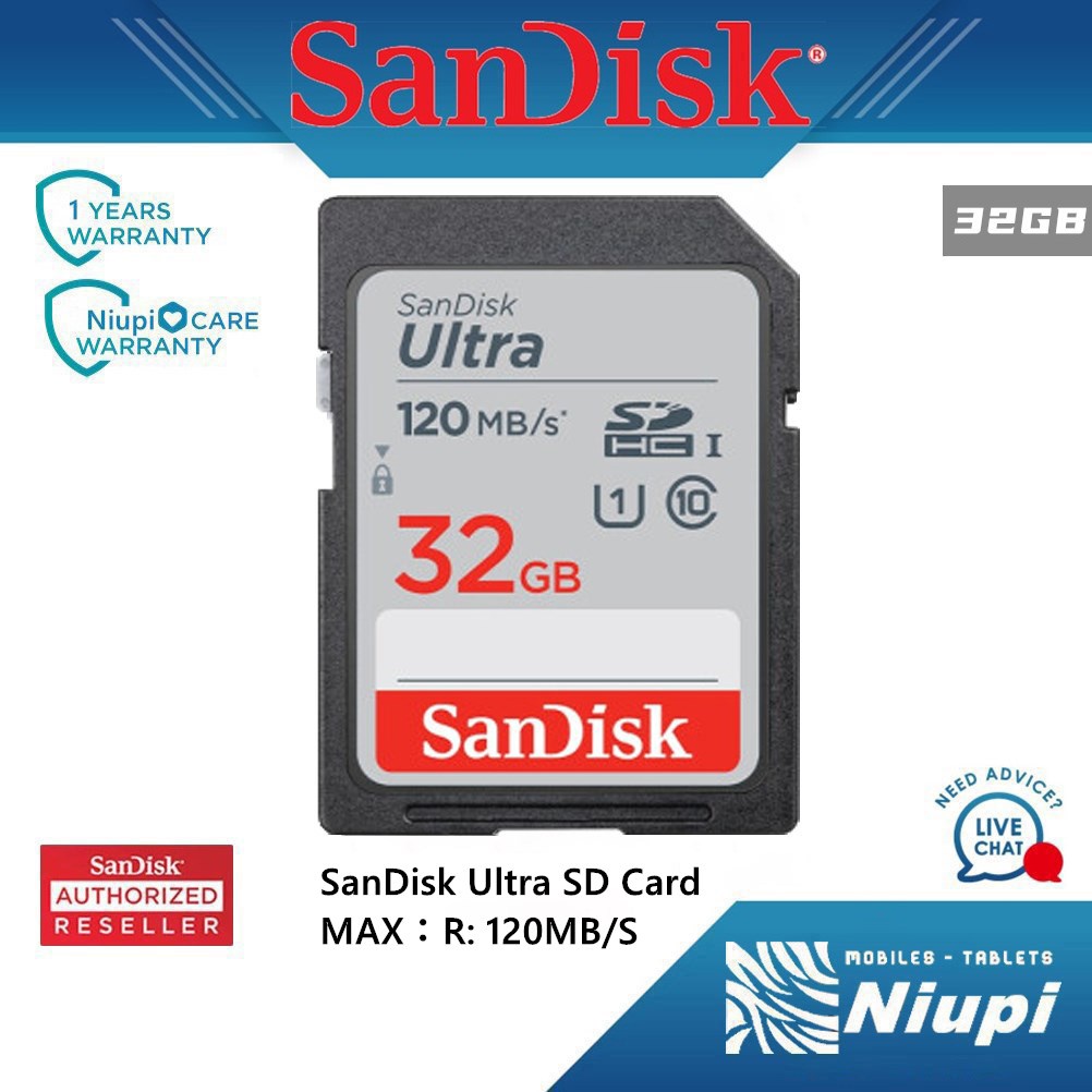 รูปภาพของSanDisk Ultra เมมโมรี่การ์ดของแท้ SD Card 32GB Class 10 Speed 120MB/s (SDSDUN4-032G-GN6IN)ลองเช็คราคา