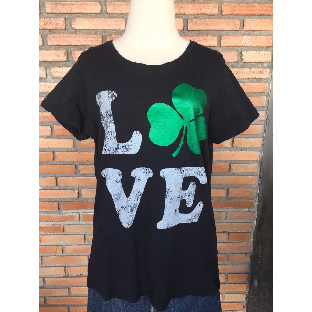 เสื้อยืดคอกลมสีดำสกรีนลายสีขาวเขียว-size-xl-อก-42-44-ยาว-27
