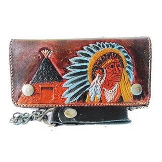 Lupadu กระเป๋าทรงยาวหนังแท้ ลายอินเดียนแดง สวยงาม พร้อมโซ่ Long wallet Made From Cowhide Leather
