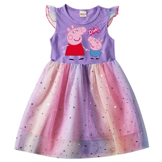 ใหม่ ชุดเดรสลําลอง ลายการ์ตูน Peppa Pig สีรุ้ง สําหรับเด็กผู้หญิง เหมาะกับงานปาร์ตี้