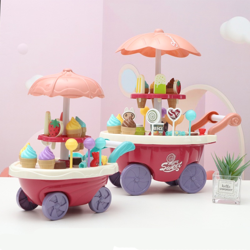 ร้านขายไอศกรีม-ร้านขายลูกอบ-รถแขนขายของหวานจำลอง-light-rotating-candy-trolley-girl-playset