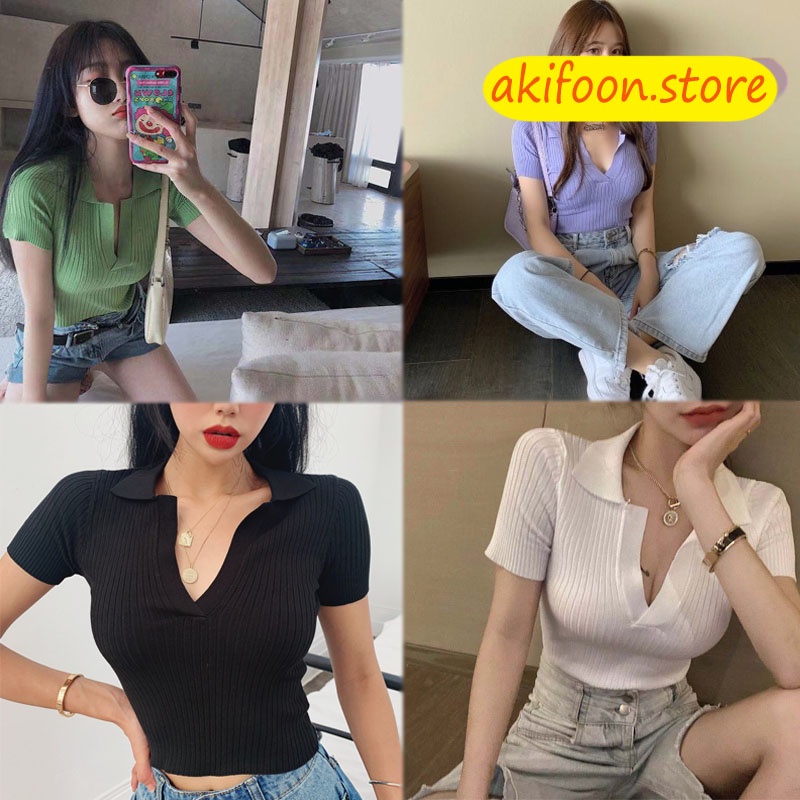 akifoon-พร้อมส่ง-เสื้อครอปผู้หญิง-เสื้อยืดแขนสั้น-คอวี-แต่งเเขน-เซ็กซี่เบาๆน่ารัก-เสื้อครอปครึ่งตัว-เสื้อครอปแขนสั้น-อกv