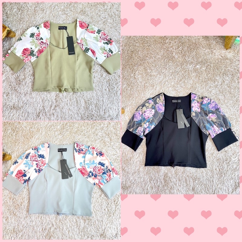 พร้อมส่ง-เสื้อแขนพอง-คอตั้ง-คอเหลี่ยม-แต่งทูโทนลูกไม้-แขนตุ๊กตา