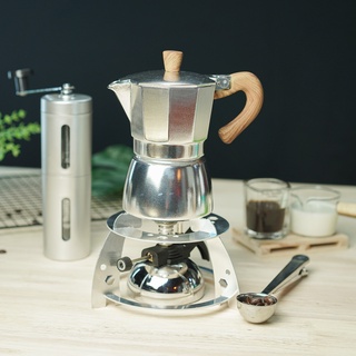 (สีเงิน) ชุดเตาแก๊สมินิ + กาต้มมอคค่าพอท Moka pot + เครื่องบดมือหมุน + 2-1 ช้อนตักกาแฟ