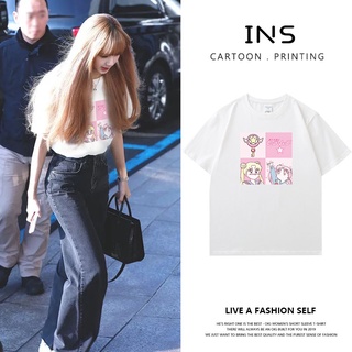 Lisa เสื้อยืดแขนสั้น ผ้าฝ้าย ทรงหลวม ลายการ์ตูน สีขาว สไตล์เกาหลี สําหรับผู้หญิง