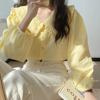 ▣ S~XL🍒 เสื้อเชิ้ตแขนยาวสีเหลือง, ย้อนยุค, คอปกตุ๊กตา, ทรงหลวม, ชุดทำงานเกาหลีสำหรับผู้หญิง