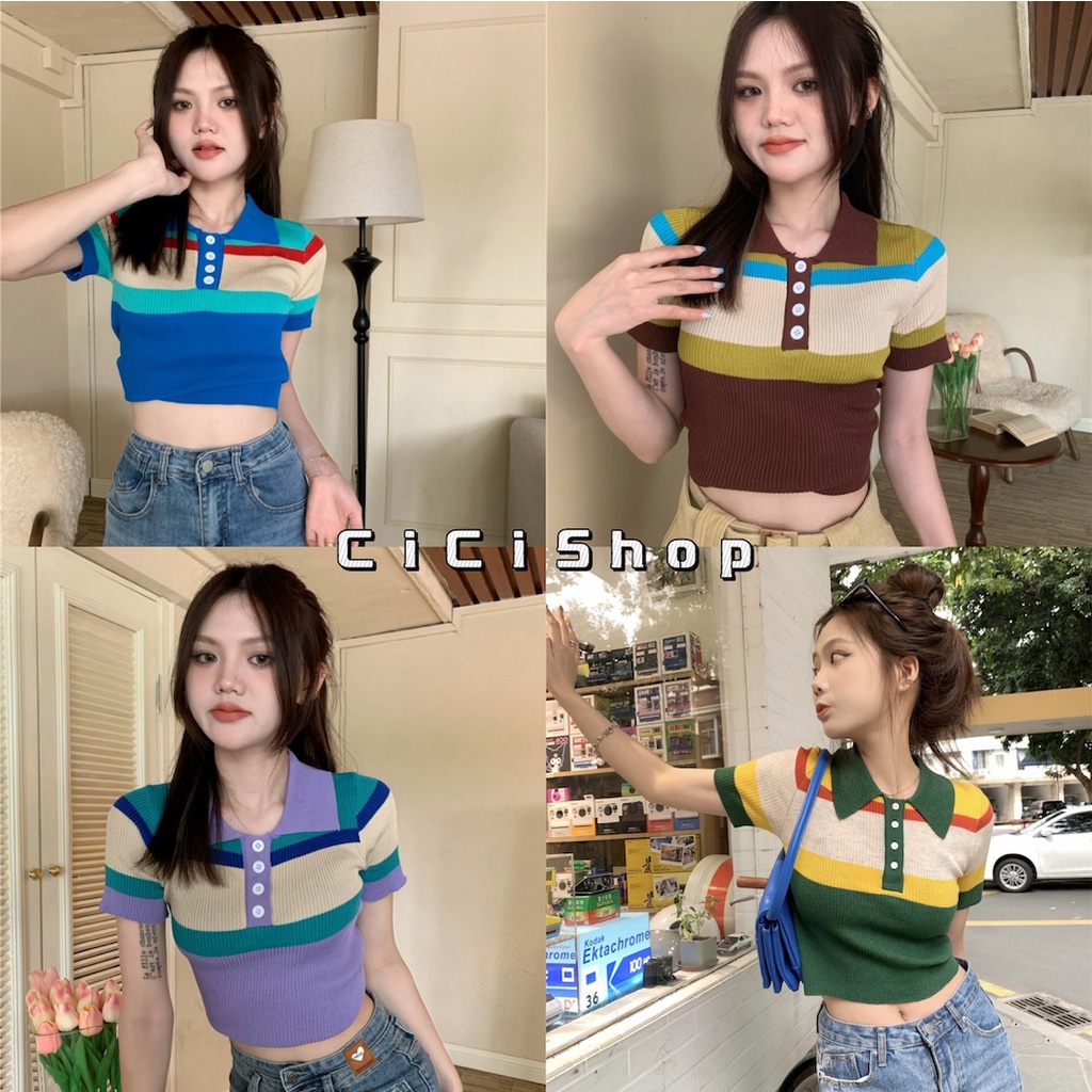 Cicishop(SALE 1388) เสื้อแขนสั้นไหมพรม กระดุทหน้า ลายทาง สีสนสดใสน่ารัก ...