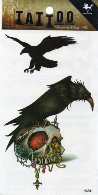 tattoo-ลาย-อีกา-crow-นก-bird-แท็ททู-skull-หัวกะโหลก-สติกเกอร์-hm641