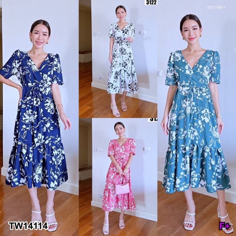 b14114-แม็กซีเดรส-ลายดอก-มีสายผูกเอว-กระโปรงแต่งระบาย-floral-print-maxi-dress-with-waistband-ruffle-skirt