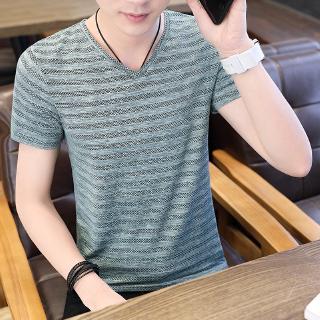 เสื้อยืดแขนครึ่ง คอวี ผ้าเรยอน ลายทาง เรียบง่าย แฟชั่นฤดูร้อน สไตล์เกาหลี เรโทร สําหรับผู้ชาย 2022
