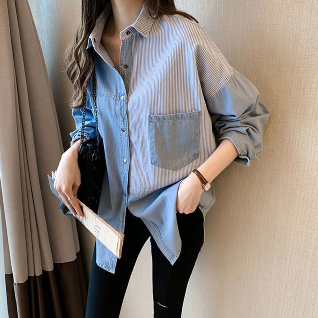 fc-พร้อมส่ง-เสื้อเชิ้ต-สียีนส์-แต่งลายริ้ว-แถบกระดุม-มีกระเป๋าหน้า-มี-2-สี-แฟชั่น