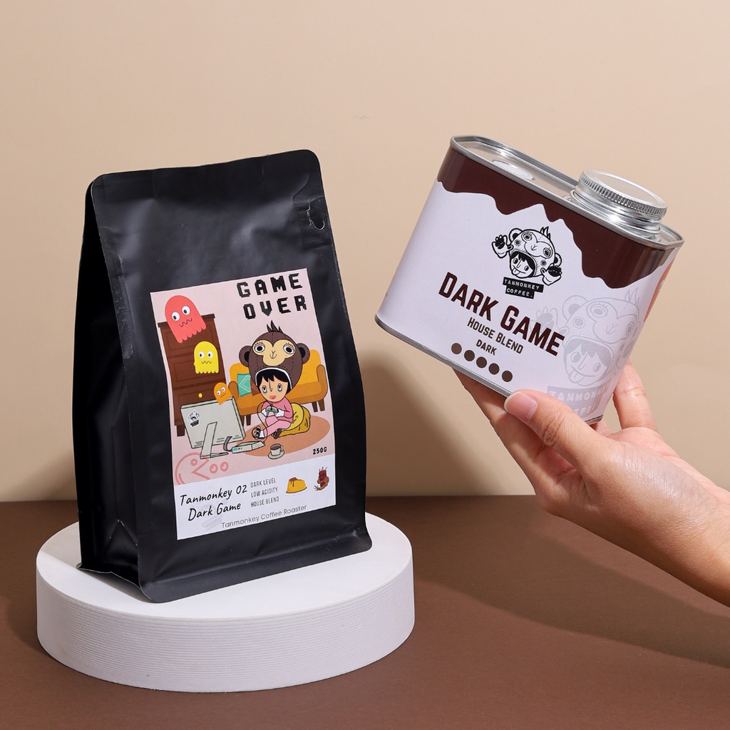 ภาพหน้าปกสินค้าTanmonkey Coffee Dark Game เมล็ดกาแฟคั่วเข้ม ไม่เปรี้ยว Brazil House Blend 250 g. (Caramel Pudding) จากร้าน tanmonkeycoffee บน Shopee