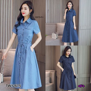 TW12675 Dress เดรสยีนส์เที่ยมสีพื้นแขนสั้น